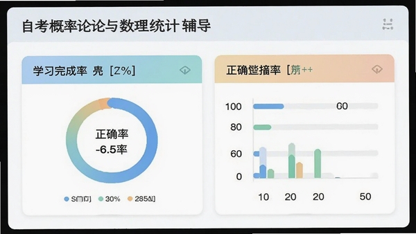 自考概率论与数理统计辅导的学习进度页面,以图表形式展示学习完成率和正确率,界面采用卡片式设计,色彩搭配舒适,数据可视化清晰直观