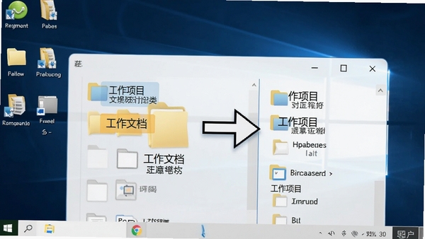 展示用户自定义创建分类文件夹的操作过程,鼠标拖拽一个名为“工作文档”的文件夹到袖子文件收藏夹的“工作项目”分类下,界面高亮显示分类标签,背景为带有图标的Windows桌面。