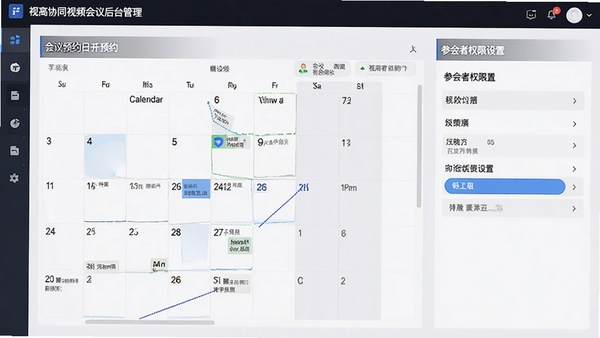 视高协同视频会议后台管理界面,展示会议预约日历、参会者权限设置选项,界面采用列表式布局,功能分区清晰
