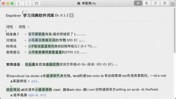 英汉汉英双向学习词典软件词库展示界面截图,屏幕中显示一个英文单词的详细释义页面,包含音标、词性、多个中文释义、常用短语以及两个带中文翻译的英文例句,界面布局清晰,重点词汇高亮显示,整体风格简洁专业