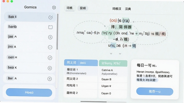 英汉汉英双向学习词典软件的学习辅助功能界面,屏幕左侧显示单词列表,右侧展示单词的词根词缀拆解图、同义词对比表格以及每日一句推荐卡片,界面采用卡片式布局,色彩柔和,操作按钮清晰可见