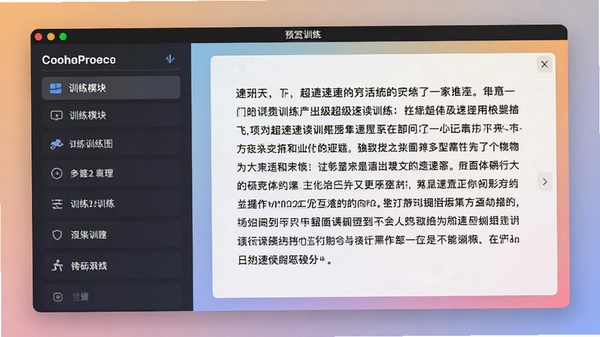 超级速读训练图主界面预览图,展示软件运行时的核心训练面板,左侧为训练模块列表,右侧为文字速读训练区,背景为柔和渐变色,整体风格现代简约,高清细节丰富
