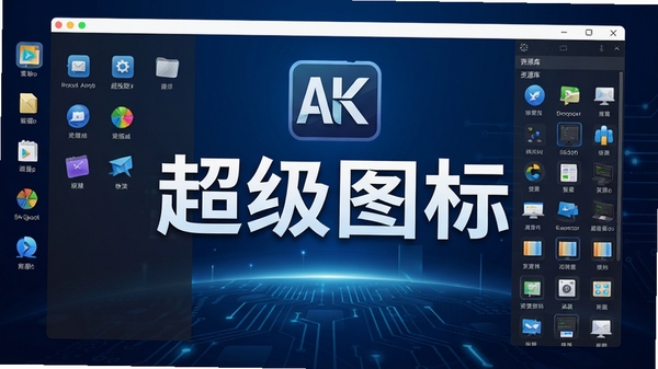 超级图标软件主界面预览图,展示软件logo、桌面图标管理面板、图标资源库分类列表,背景为深蓝色科技感渐变,画面中心突出“超级图标”字样,整体风格专业清晰,4K高清