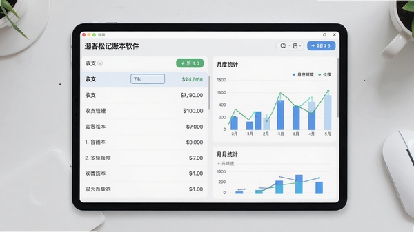 迎客松记账本软件主界面预览图,展示清晰的收支分类列表与月度统计图表,背景为简洁的浅灰色桌面环境,整体风格清爽明亮,突出记账软件的实用性与数据可视化特点