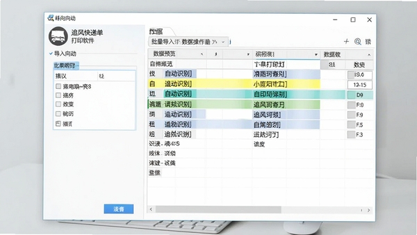 追风快递单打印软件批量导入订单数据的操作截图,左侧为导入向导,右侧为数据预览表格,高亮显示自动识别出的字段,界面简洁直观,背景为浅灰色桌面,突出软件窗口,画面清晰,比例16:9