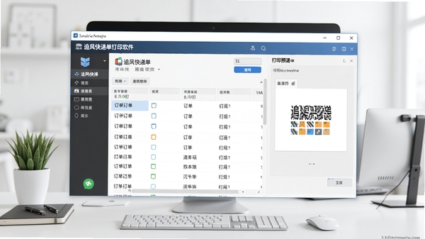 追风快递单打印软件界面预览图,展示主界面、订单列表、打印预览功能区域,背景为整洁的电脑桌面,整体风格清爽明亮,软件窗口居中显示,图标清晰可辨,画面比例为16:9,高清渲染,细节丰富