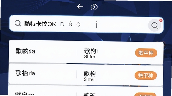 酷特卡拉ok的歌曲搜索界面截图,搜索框内输入拼音首字母,下方展示出匹配的歌曲列表,列表项包含歌名、歌手与语种标签,界面采用深蓝色背景与高亮字体,信息清晰易读,UI设计专业