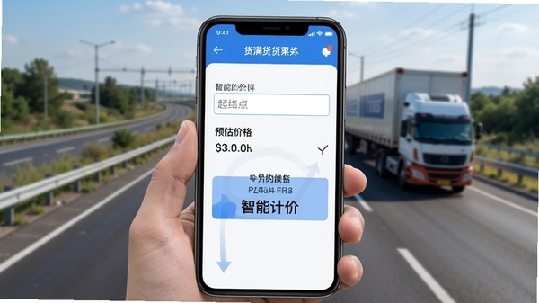 货满运货计价助手运费估算界面,手机屏幕显示起终点输入框和预估价格,背景为高速公路场景,画面清晰体现智能计价过程