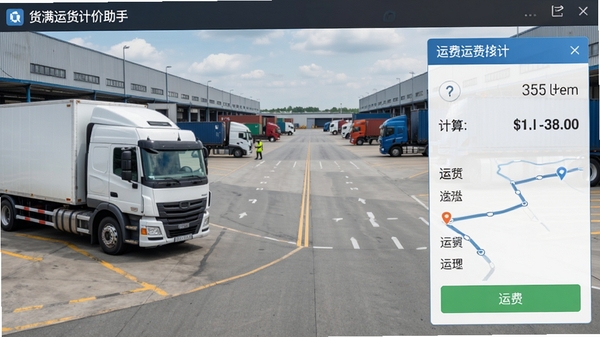 货满运货计价助手主界面截图,展示货运车辆与路线计价功能,背景为物流园区场景,界面清晰显示运费估算结果,风格写实