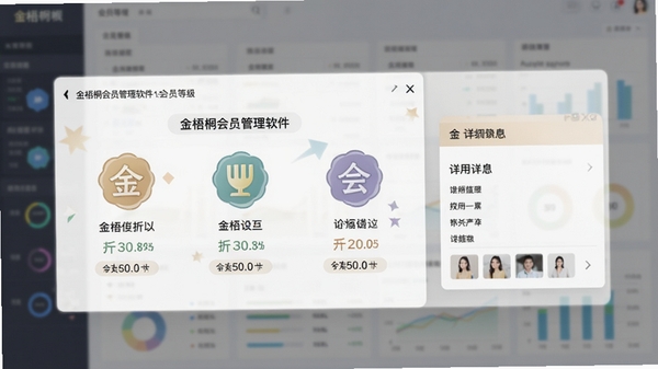 金梧桐会员管理软件会员等级设置界面,展示不同等级图标与对应折扣率,旁边有会员详细资料卡片,背景为模糊的数据报表,画面色调柔和,突出等级划分与信息管理功能