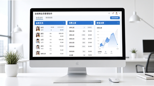 金梧桐会员管理软件主界面预览图,电脑屏幕中展示会员列表、消费记录与储值余额三个核心模块,背景为简洁明亮的现代办公桌面,界面以蓝色和白色为主色调,图表清晰,整体风格专业且商务化