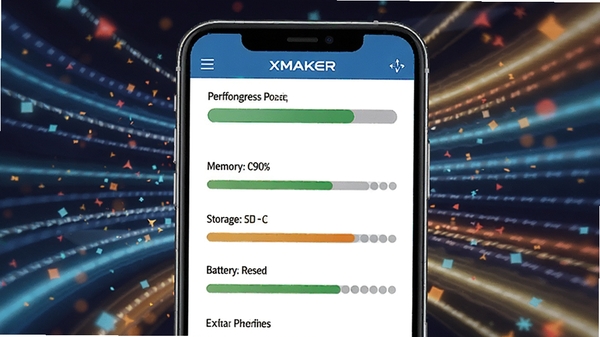 一幅XMAKER软件进行设备体检的模拟画面,智能手机屏幕上显示体检进度条和各项评分,包括内存、存储、电池等,背景有象征速度和性能的流线型光效,色彩鲜艳,充满科技感
