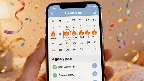 EverHarbour 习惯养成打卡界面,手机屏幕显示连续打卡日历,上面有火焰图标表示连续天数,下方有今日待办习惯清单,每个项目后有圆形勾选框,背景有轻盈的庆祝彩带特效,画面温馨且富有激励感