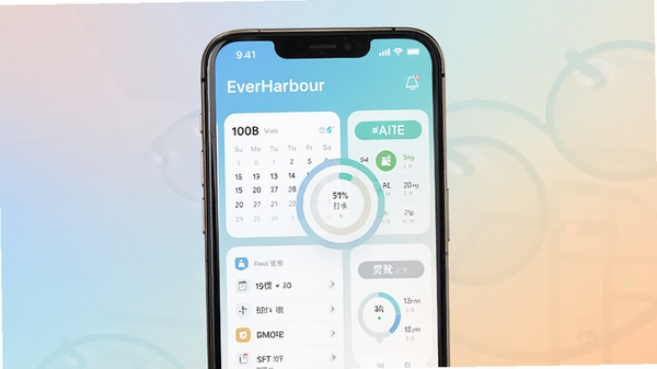 EverHarbour 应用主界面展示,一款现代风格的手机应用,屏幕中显示有清新的日程管理卡片和习惯打卡圆环,背景为柔和的渐变色,整体画面干净明亮,突出生活服务与效率提升的主题,采用高品质UI设计预览图风格