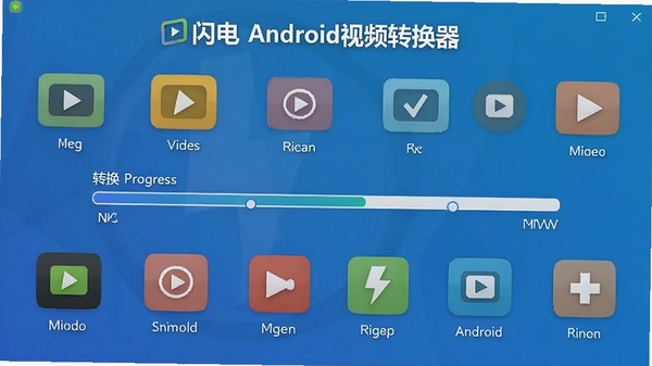闪电Android视频转换器格式选择界面,展示多种视频格式图标排列,背景为渐变蓝色,画面中央显示转换进度条,整体风格现代简洁,突出软件名称