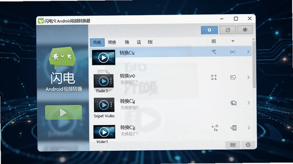 闪电Android视频转换器的软件主界面截图,展示简洁的工具布局和视频文件列表,背景为深蓝色科技感氛围,图标清晰,整体画面干净明亮,突出软件名称和转换功能按钮