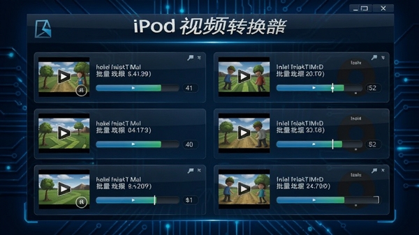 闪电ipod视频转换器批量转换界面,显示多个视频文件同时处理中,每个文件带有进度条,背景为深蓝色科技感风格,突出软件名称与批量处理功能