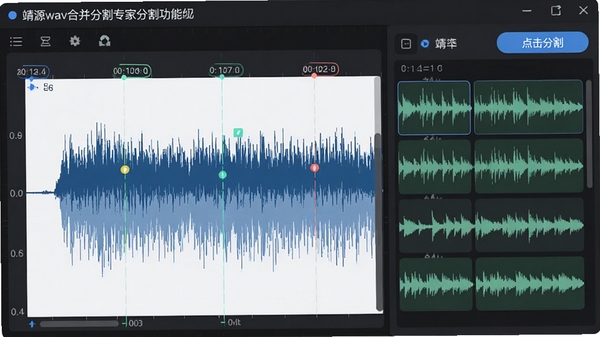 ��Դwav�ϲ��ָ�ר�ҷָ�ܽ��棬����ͼ�ϱ�עʱ��㣬����ָť�����ɶ����ƵƬ�ε�ʾ��ͼ