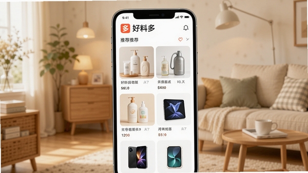 ���϶�APP������չʾ���ֻ���Ļ��������ʾ�����϶ࡱlogo���Ƽ���Ʒ�ٲ���������Ϊ��ܰ�ľӼҹ��ﳡ����ůɫ������ƷͼƬ��������������Ʒ�������Ʒ������������ϸ�ڷḻ�������ƶ�������չʾ