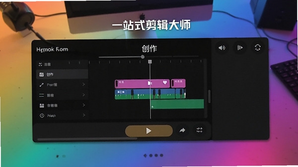 一站式剪辑大师主界面预览图,展示其简洁的轨道布局与醒目的创作按钮,背景为渐变色工作台,突出软件名称与核心功能区域,适配移动端竖屏显示。