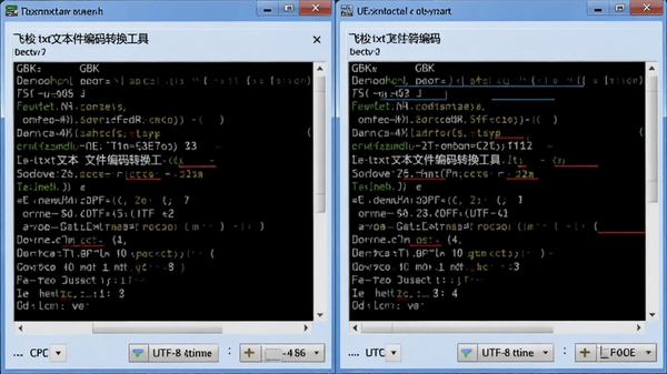 飞梭txt文本文件编码转换工具编码预览对比图,左右分屏显示同一文件在GBK和UTF-8编码下的内容,界面清晰展示差异,背景为浅蓝色