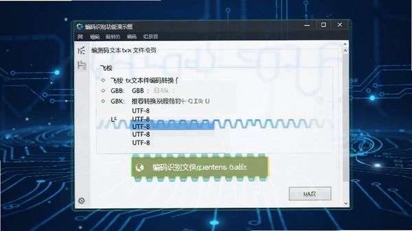 飞梭txt文本文件编码转换工具编码识别功能演示图,画面显示软件自动检测到文件编码为GBK,并推荐转换为UTF-8,界面有高亮提示,背景为科技感蓝色