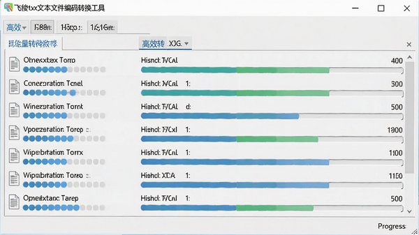 飞梭txt文本文件编码转换工具批量转换操作截图,界面中显示多个文件正在转换,进度条清晰展示转换状态,背景为浅灰色,突出软件的高效性