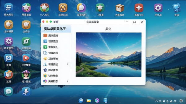 魔法桌面美化王主界面预览图,展示软件主体功能布局,背景为整洁的电脑桌面,图标排列整齐,壁纸为动态风景,画面中央是软件主窗口,左侧功能列表清晰可见,右侧为预览区域,整体风格明亮清晰,色彩丰富,突出软件的美化功能,高清渲染,细节丰富