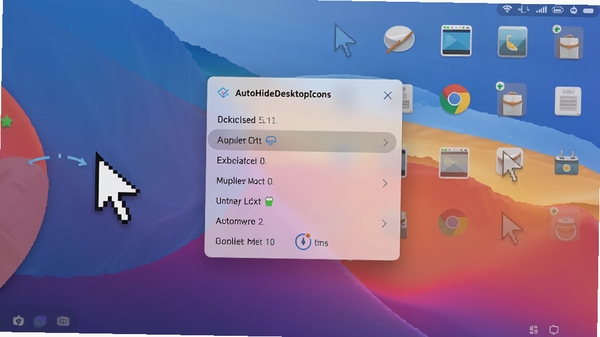 AutoHideDesktopIcons智能触发功能展示图,画面左侧为鼠标指针移出桌面区域,右侧桌面图标逐渐透明消失,背景为渐变纯净色壁纸,画面中央加入半透明设置面板,显示触发方式选项列表,整体风格简洁直观,扁平化设计