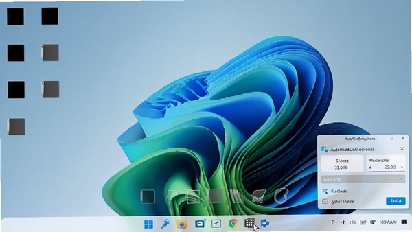 AutoHideDesktopIcons软件界面预览图,画面主体为Windows 11桌面环境,右下角显示软件悬浮设置面板,背景区域为干净整洁的风景壁纸,桌面图标全部隐藏,鼠标指针移动至屏幕底部边缘时图标呈半透明浮现状态,整体色调明亮清晰,风格写实