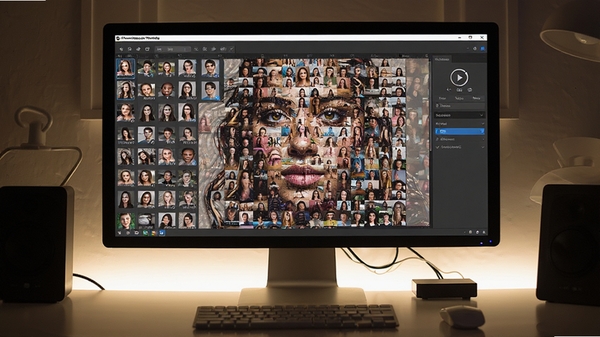 A wide computer monitor displaying AndreaMosaic Portable software interface, a vibrant mosaic portrait is composed of hundreds of tiny diverse photos, the main window shows thumbnail grid and control panel, digital art creation environment, high detail, clean workspace, soft ambient lighting