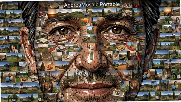 A close-up digital illustration showing the mosaic effect in AndreaMosaic Portable, a face portrait made of hundreds of miniature landscape and object photos, vivid colors, intricate detail, photomosaic art style