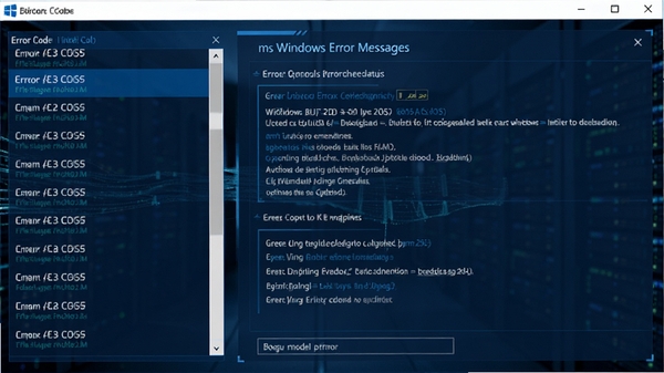 ms windows error messages主界面预览图,软件界面以深蓝色科技感为主基调,左侧是错误代码列表,右侧显示详细的错误解析与修复建议,背景有抽象的数据流动线条,整体风格专业且清晰,适配Boogu模型生成