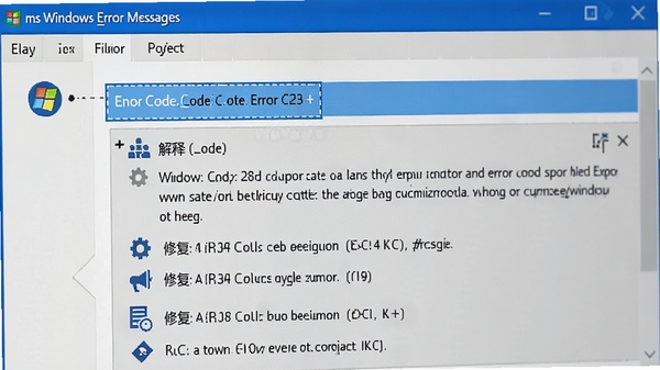 ms windows error messages错误库解析功能特写,界面展示一个被选中的错误代码高亮显示,下方展开详细的解释说明和修复步骤列表,图标设计清晰直观,色调以蓝白为主,符合技术软件风格