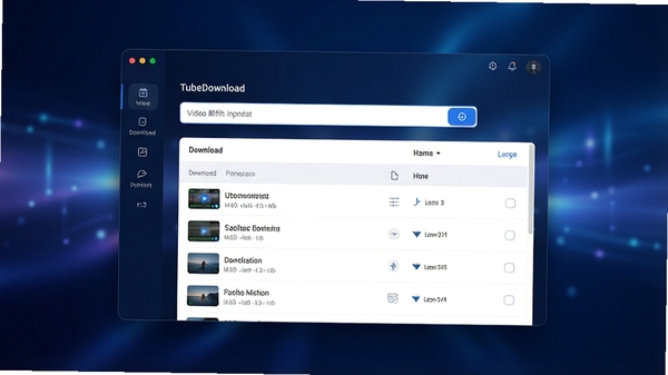 TubeDownload主界面预览,现代简约风格,深蓝色调为主,主窗口展示视频解析输入框和下载列表,背景为柔和的科技光效,画面干净整洁,高清渲染,产品展示图风格