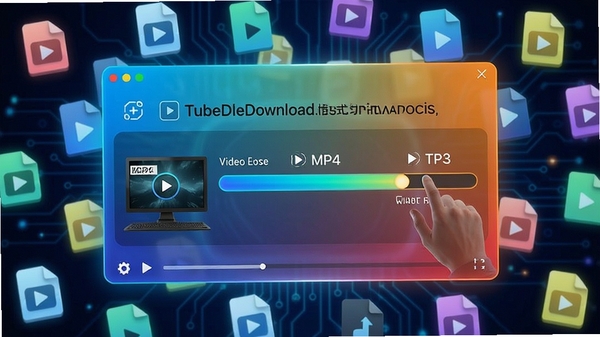 TubeDownload格式转换功能展示,界面显示视频文件正在转换为MP4和MP3格式的进度条,背景为多媒体文件图标散落效果,色调明快,科技感十足