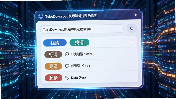 TubeDownload视频解析过程示意图,界面显示粘贴链接后正在解析多种清晰度选项,列表包含标清、高清、超清等标签,背景为数据流动的科技感视觉,色彩明亮,细节丰富