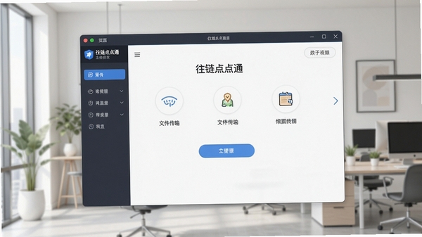 往链点点通主界面预览图,展示其简洁的文件传输操作面板,背景为淡雅的现代办公环境,前景突出软件窗口的清晰布局与友好的用户交互界面,整体风格明亮、专业
