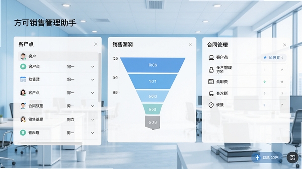 方可销售管理助手主界面截图,展示客户列表、销售漏斗、合同管理三大核心功能区域,界面清晰简洁,背景为现代商务办公环境,浅蓝色调,整体风格专业且明亮