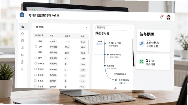 方可销售管理助手客户信息管理界面,展示客户档案列表、跟进时间轴、待办提醒卡片,界面采用卡片式布局,色彩以白色和浅灰为主,突出数据清晰度,背景为办公桌与电脑屏幕