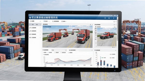 宏达集装箱运输管理系统软件主界面预览图,画面主体为电脑屏幕中的运输管理软件操作面板,背景为现代物流园区与集装箱堆场,整体风格写实清晰