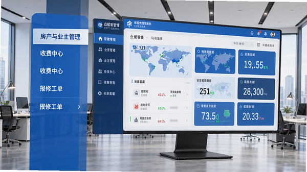 启程物业管理系统主界面功能布局预览图,左侧功能导航栏清晰展示房产与业主管理、收费中心、报修工单等核心菜单,右侧为数据看板,背景为现代商务办公环境,界面采用蓝白配色,整体风格简洁专业,数字大屏展示各项物业运营关键指标,高清晰度渲染,产品展示图风格
