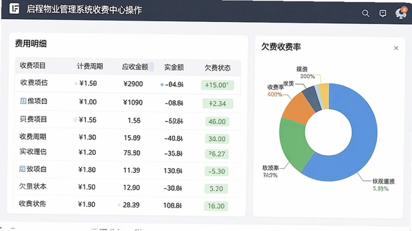 启程物业管理系统收费中心操作界面,展示费用明细列表与欠费统计图表,包含收费项目、计费周期、应收金额、实收金额、欠费状态等列,右侧为饼状图展示收费率,界面风格为简约商务风格,数据可视化图表清晰直观
