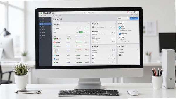 网店管家个人版主界面全览,展示订单列表、商品库存、客户管理等多个功能模块的仪表盘布局,背景为整洁的办公桌面,显示器上清晰显示软件界面,风格写实清晰