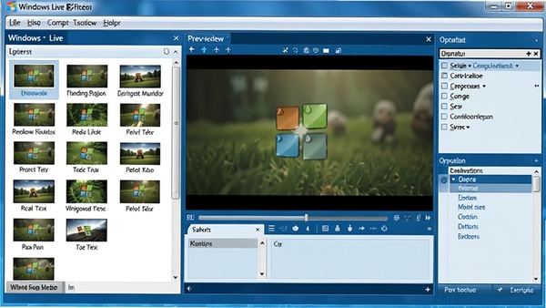 Windows Live 影音制作主界面特写,左侧为素材库,中间为预览窗口,右侧为操作面板,整体呈现简洁明了的蓝色调布局,高清画面,专业软件展示风格