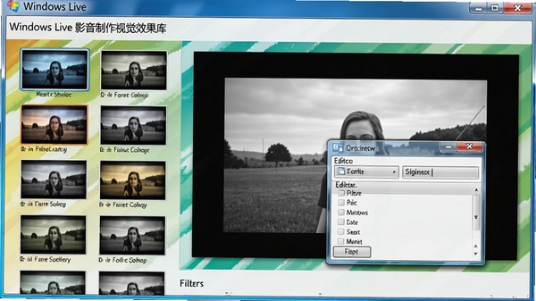 Windows Live 影音制作视觉效果库展开,展示多种滤镜缩略图,预览窗口显示应用黑白滤镜后的效果,文字叠加编辑框弹出,界面色彩丰富