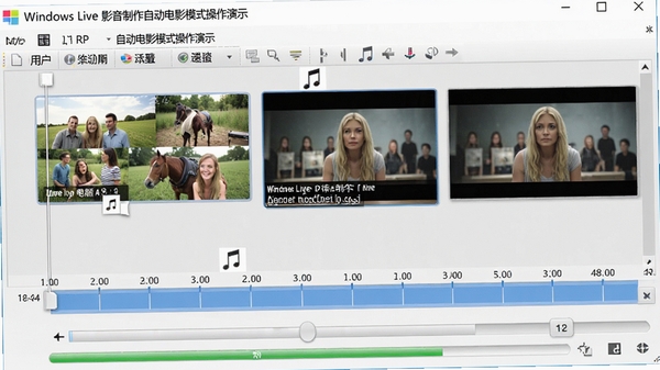 Windows Live 影音制作自动电影模式操作演示,用户拖拽照片到时间轴,软件自动生成配乐和转场效果,界面显示进度条,画面明亮清晰