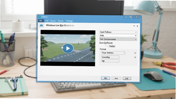 Windows Live 影音制作输出视频界面,选择保存路径和格式设置,背景为工作台,整体色调明亮干净,突显软件操作流程