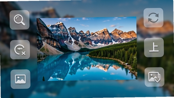 可牛看图功能展示图,画面中央为一张高清自然风景图片,图片四周环绕着放大、缩小、旋转、上一张、下一张等半透明功能图标,背景虚化处理,突显软件操作的便捷与流畅