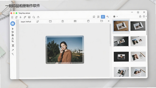 一刻印品相册制作软件的主界面预览图,展示整洁的工具栏与照片导入区域,背景为浅灰色工作台,右侧显示模板缩略图面板,整体风格现代简洁,软件名称在界面左上角清晰可见